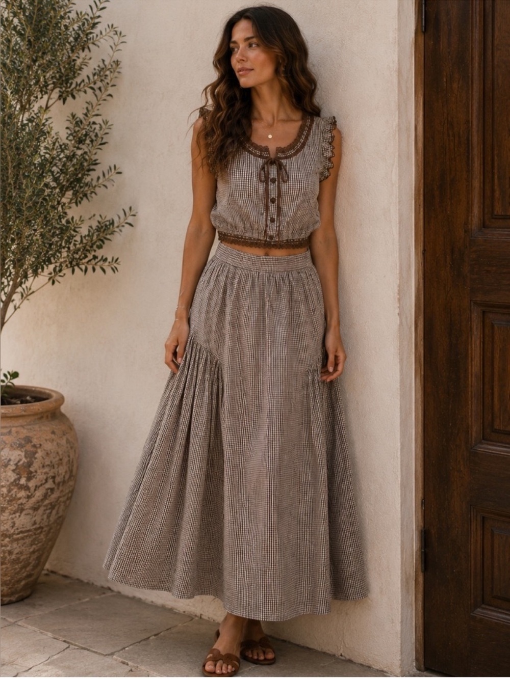 Caroline Constas Gingham Lace Embroidered Top & Maxi Skirt Set NWT